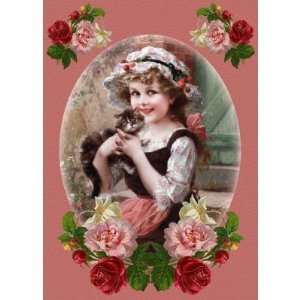  Sweet Vintage Girl with Kitten Greeting Card Health 