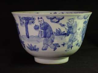 ANTIQUE CHINESE BLUE & WHITE PORCELAIN EIGHT IMMORTAL BOWL w/ MARK 