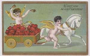 Cherubs & Horse Pulling Cart of Hearts Embossed Valentines Postcard 