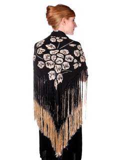 Vintage Black & Bone Silk Batik Art Deco Shawl Long Fringe Stunning 
