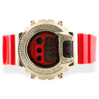 SUPER Iced out GOLD COLOR CASE SHOCK watch w/ RED Band!  