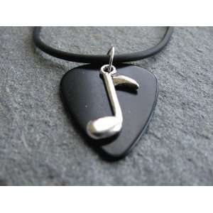  Guitar Pick Necklace with Music Note Charm on Black Fender Pick 