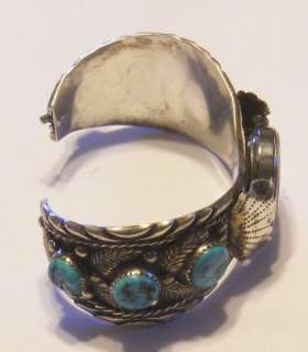 Vintage Large Sterling Silver & Turquoise Cuff Watch Band Bracelet 