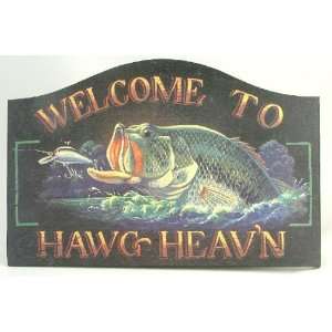  Welcome to Hawg Heavn Lunging Bass Fish Wooden Sign: Home 