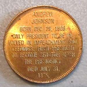 ANDREW JOHNSON 17th UNITED STATES PRESIDENT COPPER COIN TOKEN #PC3 