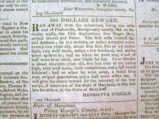 1832 Washington DC newspaper MARYLAND RUNAWAY SLAVE ADS  
