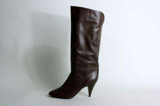 Vtg 80s Brown Leather Tall Pixie Boots Heel Cuffs 9 EXC  