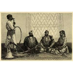  1878 Wood Engraving Behar India Bihar Hookah Smoking 