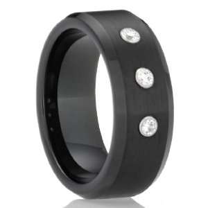 8MM Mens Tungsten Carbide Ring Wedding Band black plated three stone 