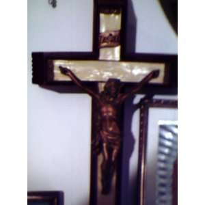 Mother of Pearl and Wood Crucifix (Wall and Freestanding Candle Holder 