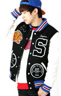 korea_pop NY LA Supreme leather sleeve wool varsity letterman jacket 