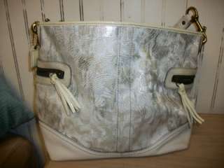   Signature Silver/Cream Shoulder Purse Tote Bag 2183 Leather Trim Used