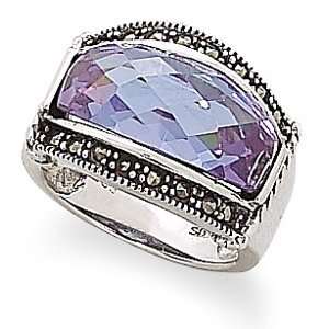  Sterling Silver Domed Lavender CZ and Marcasite Ring   Size 10 