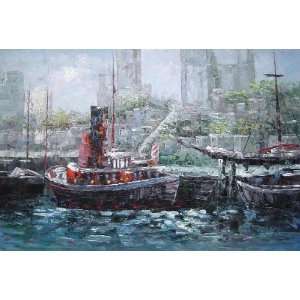  Boats on City Port Oil Painting 24 x 36 inches: Home 