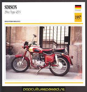 1957 SIMSON 250cc Type 425 S MOTORCYCLE Photo Fact CARD  
