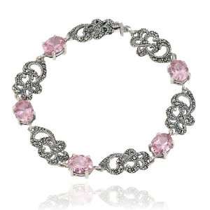   Sterling Silver Marcasite and Pink Cubic Zirconia Swirl Bracelet