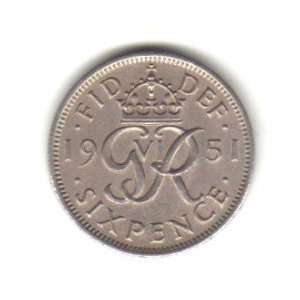  1951 U.K. Great Britain England Sixpence Coin KM#875 