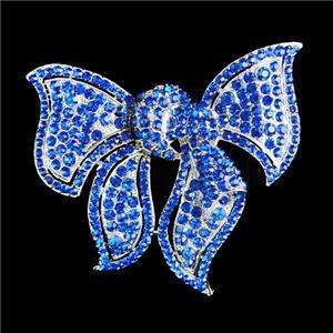 Gorgeous Big 3.86 Bowknot Brooch Pin Rhinestone Crystal Blue Bow 