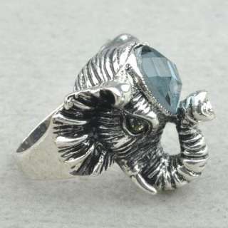 Vintage Tibet Silver Elephant Simulated Sapphire Cocktail Size 8 Ring 
