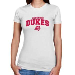   Duquesne Dukes Ladies White Logo Arch Slim Fit T shirt  Sports