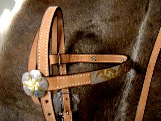 COWBOY BRIDLE WESTERN LEATHER HEADSTALL SILVER GOLD TAN  