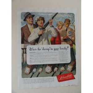 Hamilton Watches. Vintage 40s full page print ad. (family, gun outing 