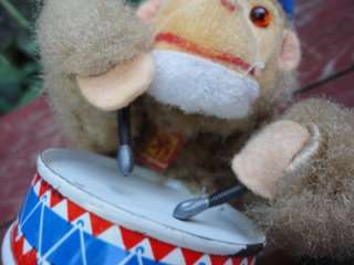 Old Wind Up Monkey Playing Drums w tag Carl Original  