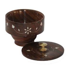  Wooden Decorative Bowl Embedded Floral Inlay with Lid 