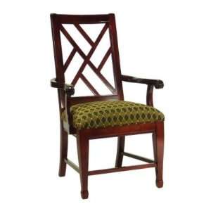   Arm Chair, wood frame, wood arms, wood lattice back, upholstered seat