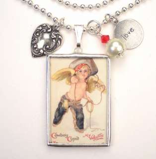 VALENTINES DAY COWGIRL HORSE VINTAGE POSTCARD NECKLACE  