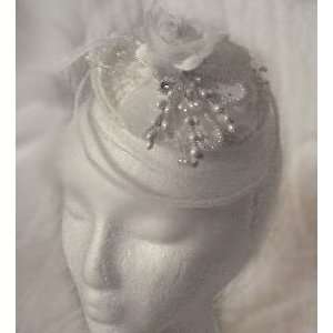   Crochet Base Wedding Fascinator Hat with Flowers , Beads & Long Veil