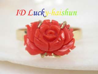 GENUINE NATURE CARVED RED CORAL RING 14K GOLD  
