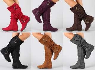 Buckle Slouchy Knee High Flat Boots Black Brown Gray Red Purple Beige 
