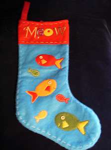 Whimsical Meow Fish Kitty Cat Large Felt Christmas Stocking New with 
