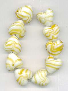 White with Caramel Swirl Puffy Heart Lampwork Glass Beads 15mm  