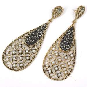   Black Printed Pearl Crystal Waterdrop Dangle Stud Earrings Jewelry