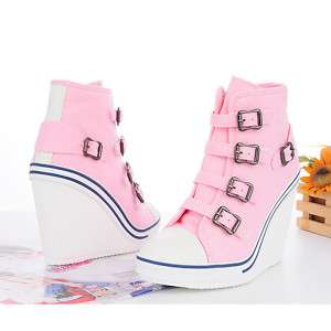NEW Womens CANVAS BUCKLE STRAPS WEDGE HEEL SNEAKERS Shoes PINK US 6~7 