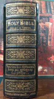 ANTIQUE CATHOLIC HOLY BIBLE UNMARKED LEATHER ILLUMINATED CLASP DOUAY 