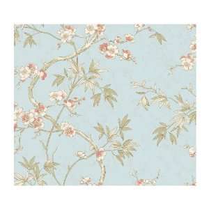   Wind Asian Dogwood Blossom Prepasted Wallpaper, Blue/Dusty Rose/Green