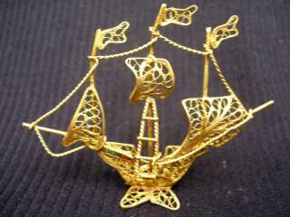   FIGURINE MODEL SAIL BOAT SHIP PORTUGAL VERMEIL FILIGREE CU SPUN GOLD