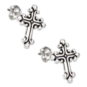    Sterling Silver Mini Bead Edge Cross Earrings on Posts Jewelry