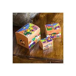  NOVICA Pinewood boxes, Animal Friends (set of 3): Home 