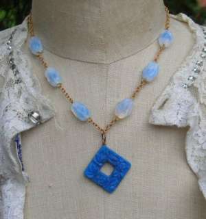 Vintage Blue American Beauty Rose Glass Opaline Necklace Lapis Color 