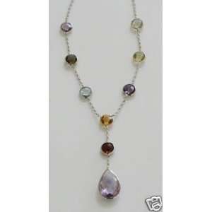  14K White Gold Multi Colored Gemstones Necklace 16 New 
