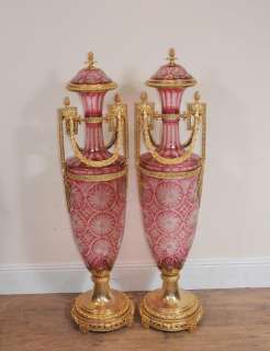 Pair French XL Amphora Glass Urns Vases Ormolu  