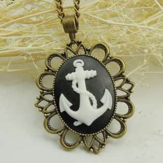   Style Bronze Tone Black White Anchor Cameo Necklace Pendant 15  