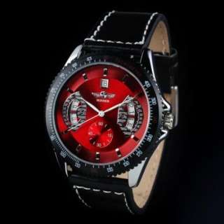 Automatic Mens Red Black Leather Mechanical Skeleton Date Mens Wrist 