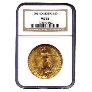   1908 P $20 St. Gauden No Motto Gold Coin MS63 NGC