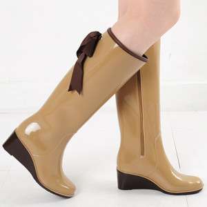 Womens Brown Zip Rubber Rain Boots, Wedge Shoes US5~7.5  