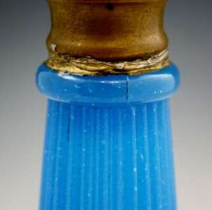 19C BLUE OPALESCENCE OPALINE GLASS OIL LAMP WITH MORNING GLORY FLOWERS 
